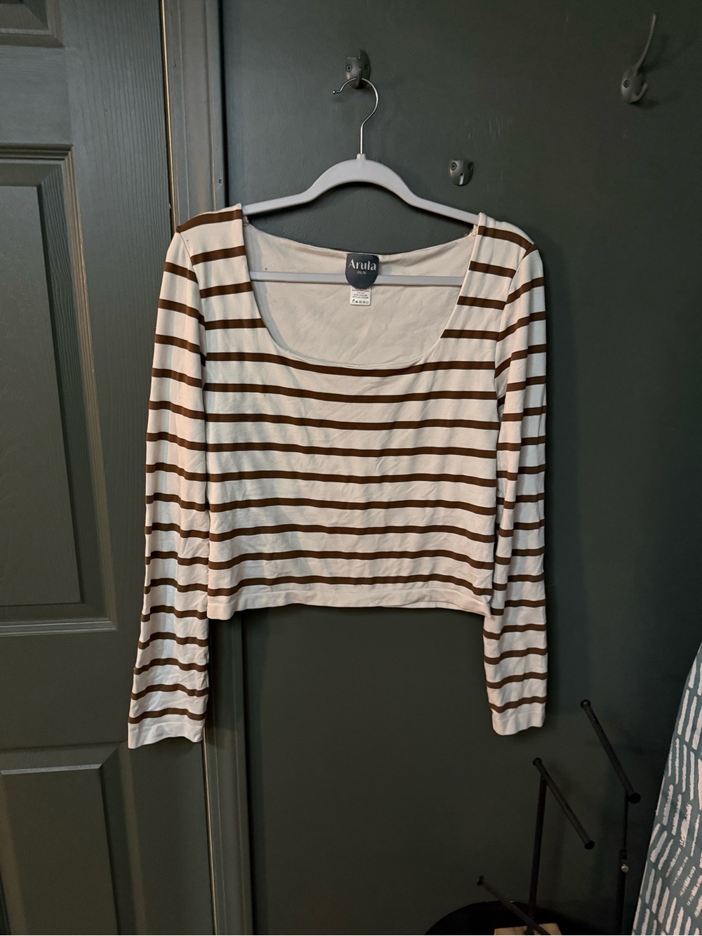 ARULA Cream and Brown Striped Long-Sleeve Crop Top